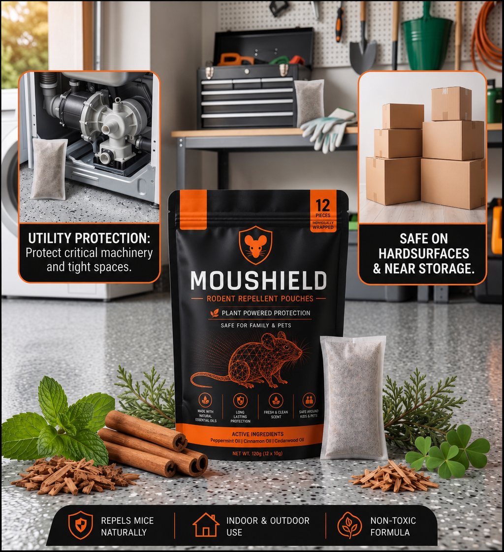 Moushield product packaging with usage scenarios in a workshop setting.